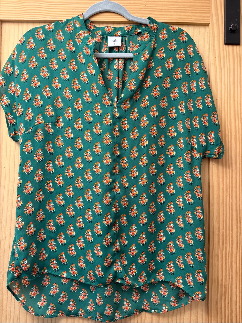 CAbi Emerald Green Floral Blouse with Coral Accents